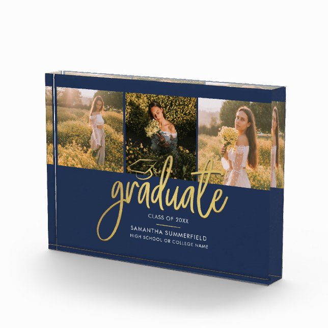 Graduation 2026 Navy Blue Grad Keepsake Photo Block (Right)