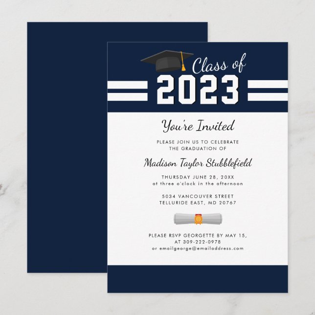 Graduation 2026 Navy Blue Grad Party Invitation (Front/Back)