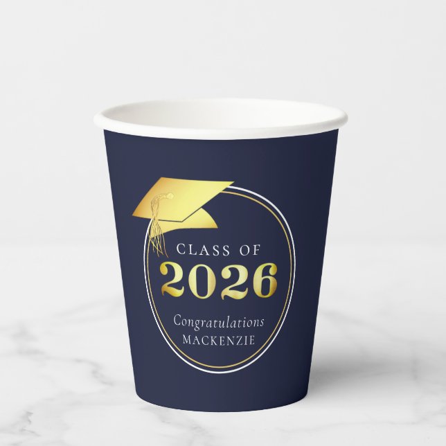 Graduation 2026 Navy Blue Metallic Gold Paper Cups (Front)
