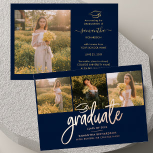 Graduation 2026 Navy Blue Photo Collage Rose Gold Foil Invitation