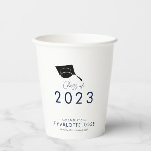 Graduation 2026 Navy Blue Script Grad Party Paper Cups
