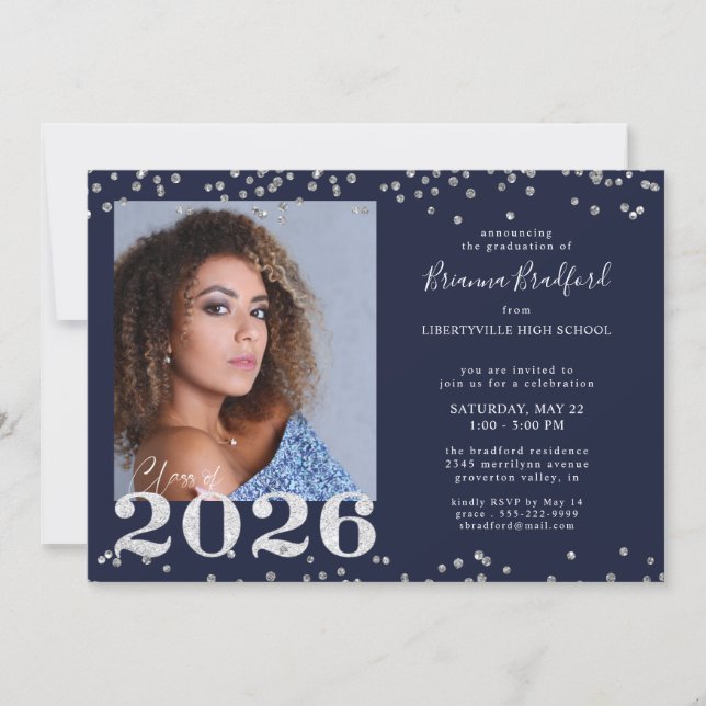 Graduation 2026 Navy Blue Silver Glitter Invitation (Front)