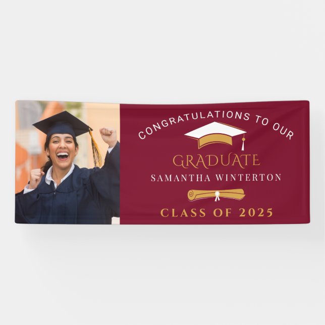 Graduation 2026 Photo Burgundy Grad Party Banner (Horizontal)