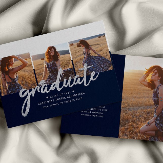 Graduation 2026 Photo Collage Announcement (Graduation Photo Script Navy Blue Announcement)
