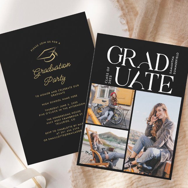 Graduation 2026 Photo Collage Black Graduate Party Invitation (Graduation 2025 Photo Collage Black Graduate Party Invitation)