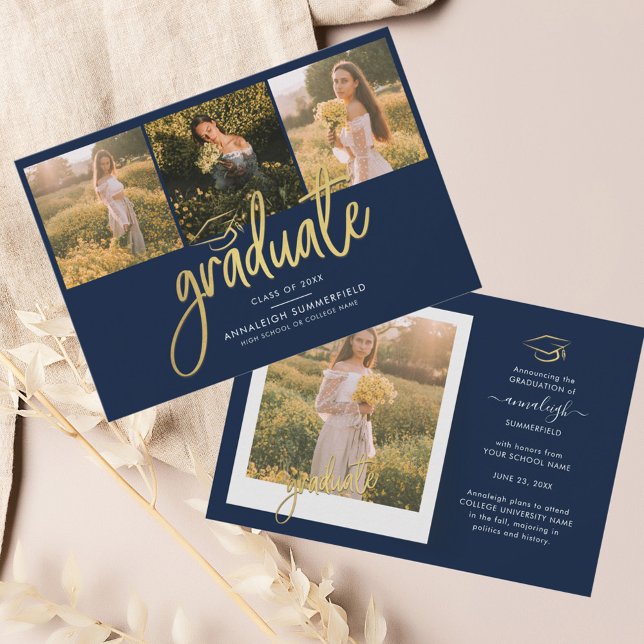 Graduation 2026 Photo Collage Grad Announcement (Graduation 4 Photos Grad Navy Blue Announcement)