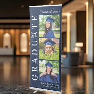 Graduation 2026 Photo Collage Navy Blue and White Retractable Banner