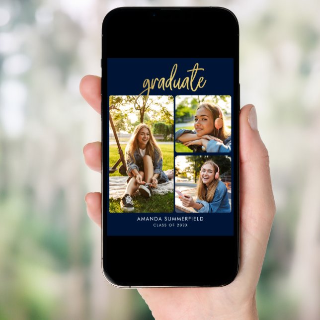 Graduation 2026 Photo Collage Navy Blue Grad Party Invitation (Front Digital)