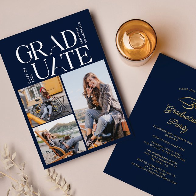Graduation 2026 Photo Collage Navy Blue Grad Party Invitation (Creator Uploaded)