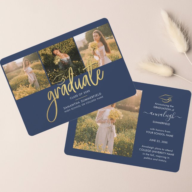 Graduation 2026 Photo Collage Navy Blue Graduate Announcement (Graduation 2024 Photo Collage Script Grad Announcement)