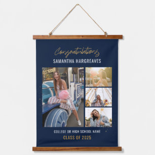 Graduation 2026 Photo Collage Navy Blue Graduate Hanging Tapestry