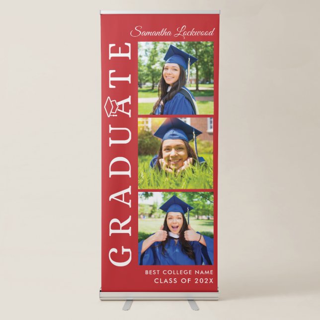 Graduation 2026 Photo Collage Red and White Retractable Banner (Front)