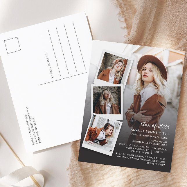 Graduation 2026 Photo Collage Script Grad Party Invitation Postcard (Graduation 2025 Multi Photo Grad Party Invitation Postcard)