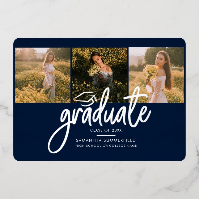 Graduation 2026 Photo Collage Script Navy Silver Foil Invitation (Front)
