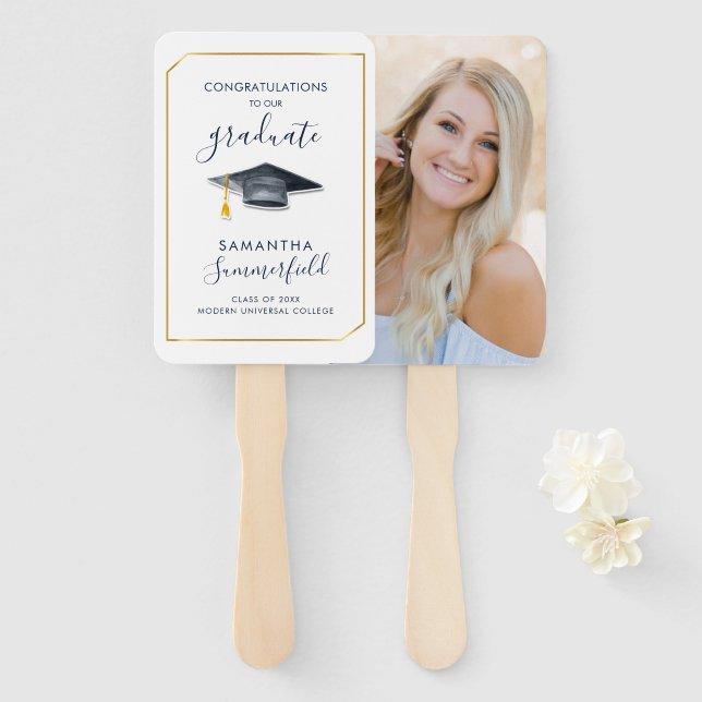 Graduation 2026 Photo Navy Blue Script Grad Party Hand Fan (Front and Back)