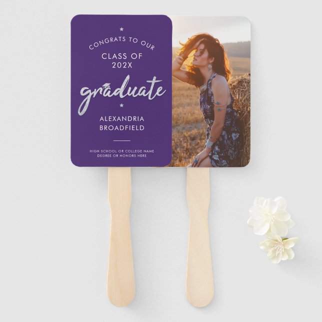 Graduation 2026 Photo Purple Grad Party Hand Fan (Front and Back)