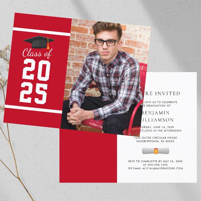 Graduation 2026 Photo Red White Party Invitation (Graduation 2025 Red White Party Invitation)