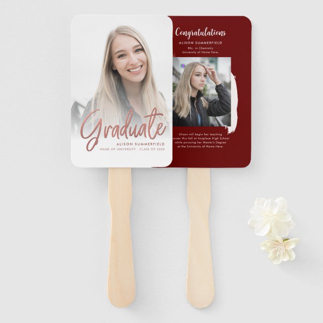 Graduation 2026 Photo White Rose Gold Script Grad Hand Fan (Front and Back)