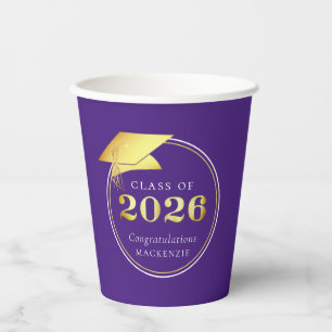 Graduation 2026 Purple Faux Metallic Gold Paper Cups