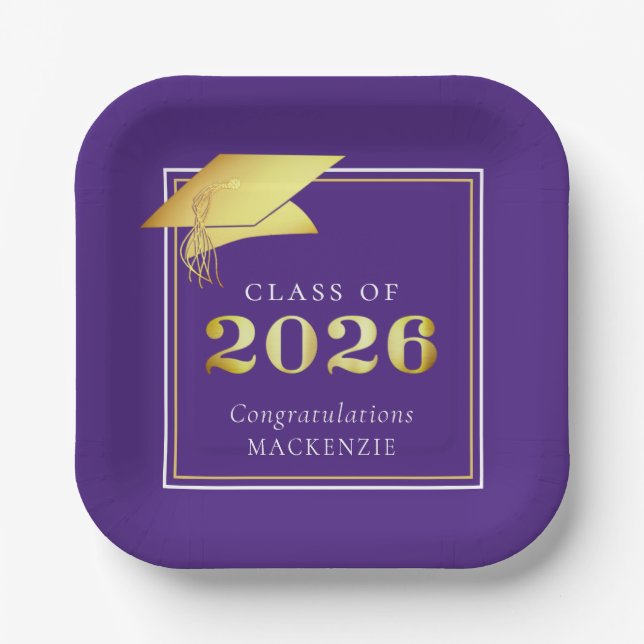 Graduation 2026 Purple Faux Metallic Gold Paper Plates (Front)