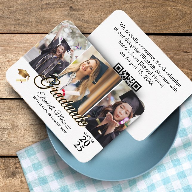 Graduation 2026 QR Code Announcement Card - 3 Phot (Graduation 2024 QR Code Announcement Card - 3 Photo Collage)
