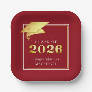 Graduation 2026 Red Faux Metallic Gold Paper Plates