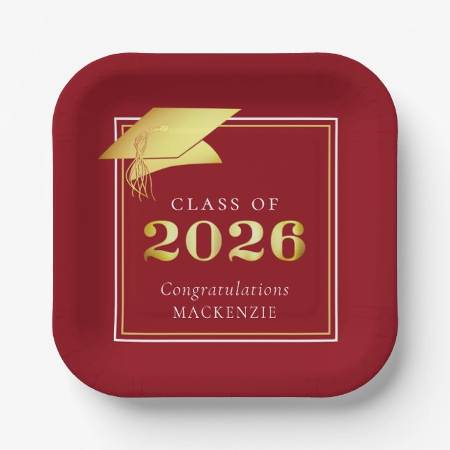 Graduation 2026 Red Faux Metallic Gold Paper Plates (Front)
