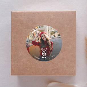 Graduation 2026 Red Photo Grad Party Classic Round Sticker