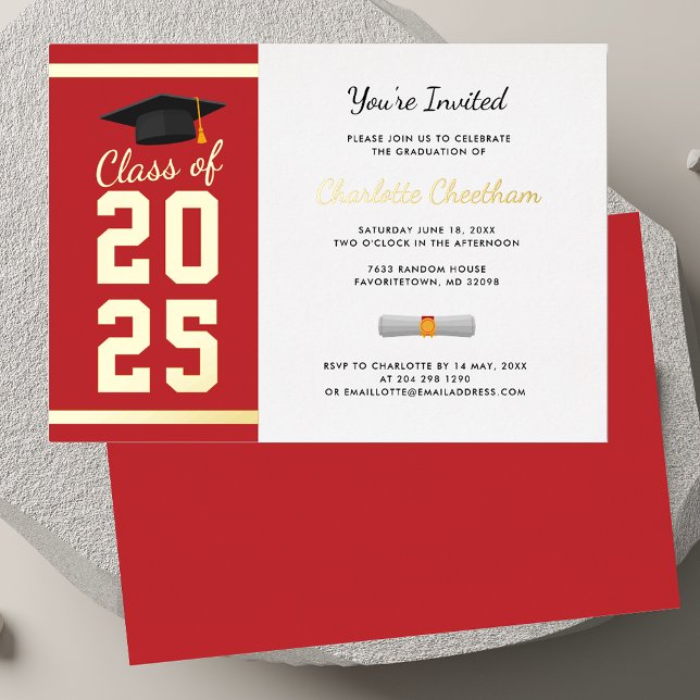Graduation 2026 Red Script Grad Party Gold Foil Invitation (Graduation 2025 Red Gold Foil Party Invitation Card)