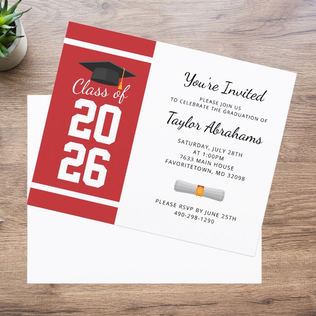 Graduation 2026 Red White Grad Party Invitation (Graduation White Red Bold 2025 Party Invitation)