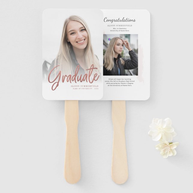 Graduation 2026 Rose Script Grad Photos Party Hand Fan (Front and Back)
