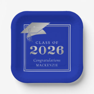 Graduation 2026 Royal Blue Faux Metallic Silver Paper Plates
