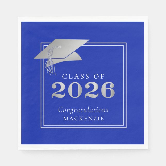  Graduation 2026 Royal Blue Faux Silver Napkins (Front)