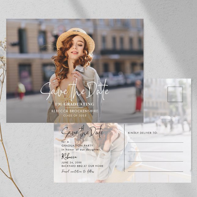 Graduation 2026 Save the Date Grad Photo Announcement Postcard (Graduation 2025 Save the Date 2 Photos Announcement Postcard)