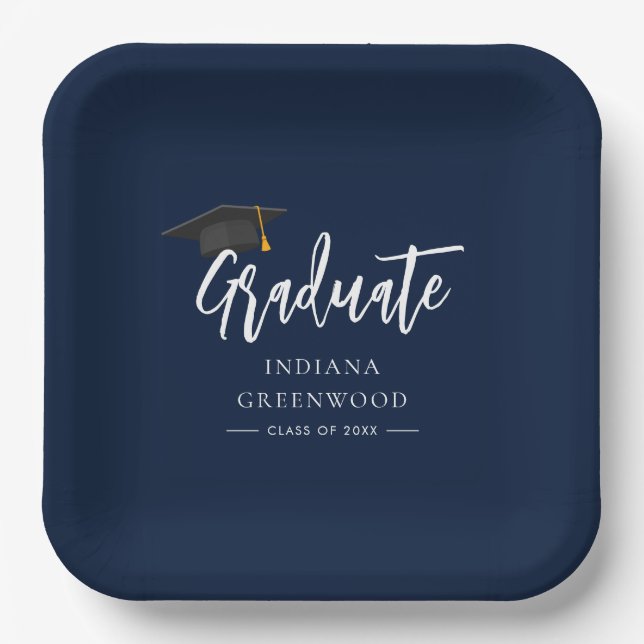 Graduation 2026 Script Navy Blue Paper Plates (Front)