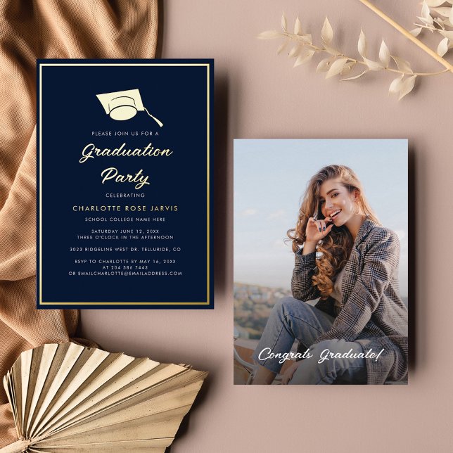Graduation 2026 Script Navy Blue Photo Party Gold Foil Invitation (Creator Uploaded)