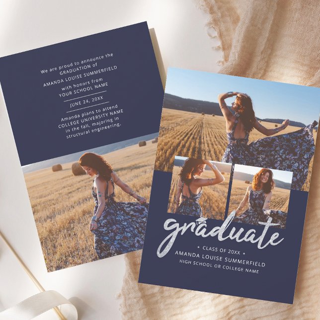 Graduation 2026 Script Photo Collage Announcement (Graduation 2025 Script Photo Collage Navy Blue Announcement)