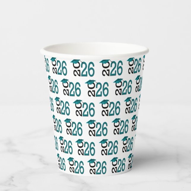 Graduation 2026 Teal and Black On White Paper Cups (Front)