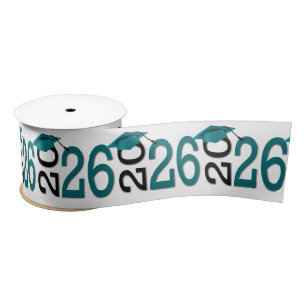 Graduation 2026 Teal and Black On White Satin Ribbon