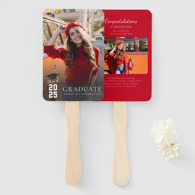 Graduation 2026 White Red Grad Photos Custom Hand Fan (Front and Back)