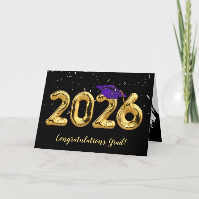 Graduation 2026 With Purple Cap and Confetti Card (Front)