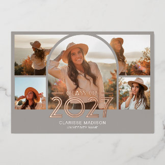 Graduation 2027 Vintage Arch 6 Photo Beige Foil Invitation