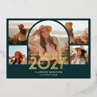 Graduation 2027 Vintage Arch 6 Photo Teal Foil Invitation