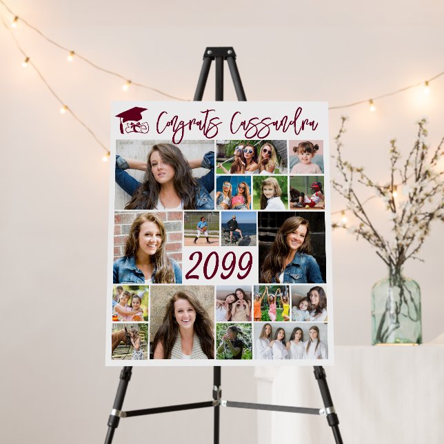 Graduation 21 Photo Collage Burgundy Script Foam Board (In Situ (Stand))