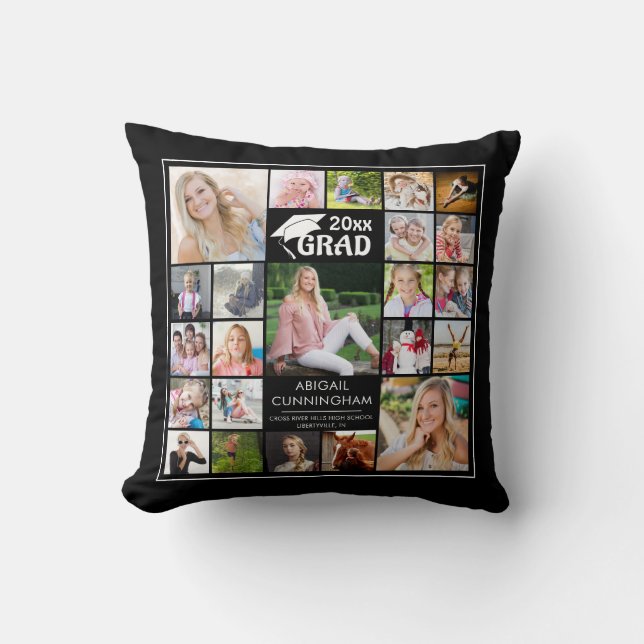 Graduation 22 Photo Collage Black Keepsake Throw Pillow (Front)