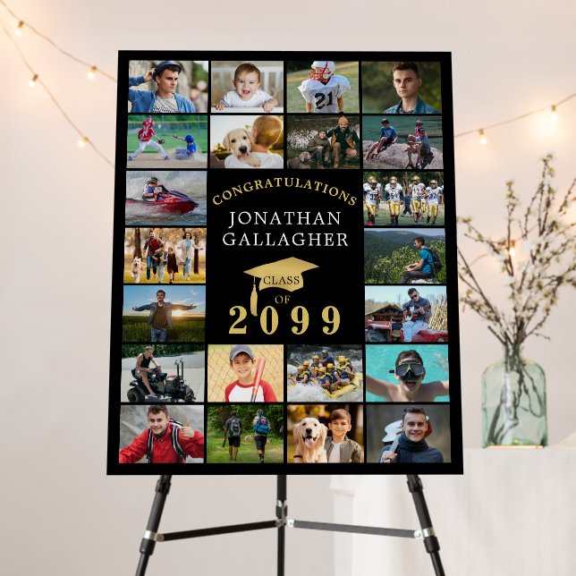 Graduation 22 Photo Collage Congrats Black Gold Foam Board (In Situ (Stand))