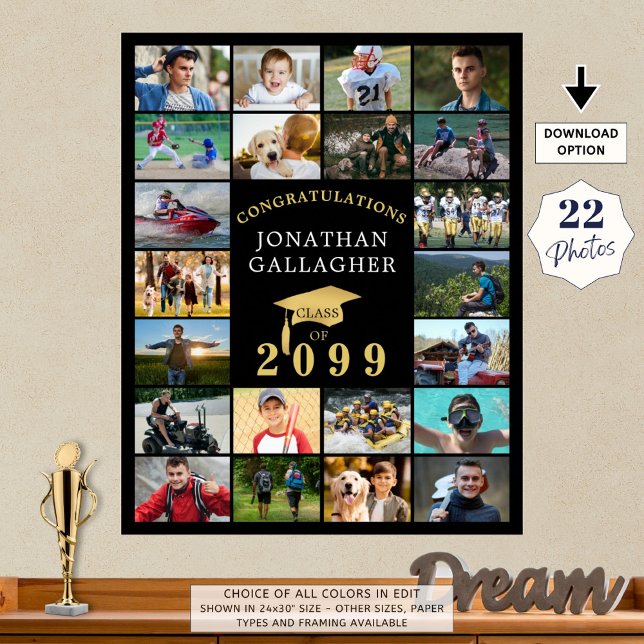 Graduation 22 Photo Collage Congrats Black Gold Poster (Creator Uploaded)