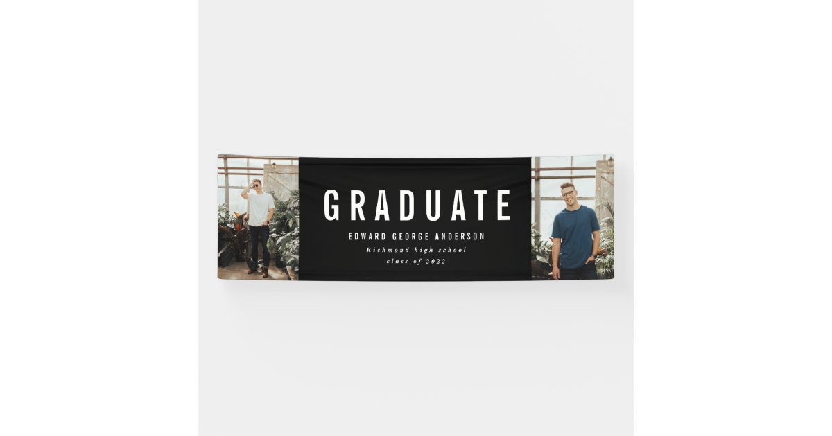 Graduation 2 photo black and white modern party banner | Zazzle