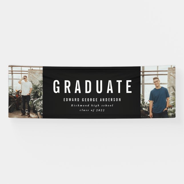 Graduation 2 photo black and white modern party banner (Horizontal)