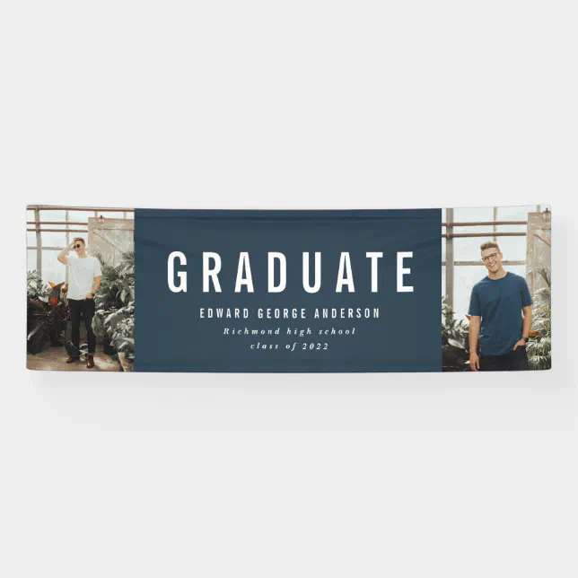 Graduation 2 photo blue and white modern party banner | Zazzle